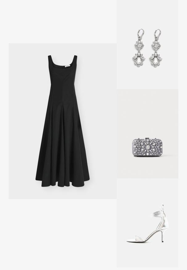 Black sleeveless long dress with square neckline and fitted bodice flaring into a wide skirt, displayed on a plain light background.; Silver high-heeled sandal with thin straps, ankle wrap, and slim stiletto heel on a plain white background.; Small rectangular dark gray clutch adorned with clear rhinestones in a radiating pattern and a silver chain strap.; Silver-tone earrings featuring multiple clear crystal gemstones in teardrop and marquise shapes, with lever-back closures and intricate detailing.