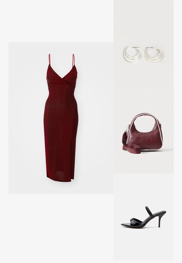 WAL G. EXCLUSIVE NYE GLITTER ARGENTINE MIDI - Kokteilikleit/peokleit - wine; Mustast lakknahast kontsakingade sandaal saleda kontsaga, ruudukujulise ninaga ja õhukese rihmaga astmiku kohal, kujutatud valgel taustal.; Väike bordoopunutud nahkkäekott kumerate käepidemete, valgete äärte, hõbedase tõmblukuga ja eemaldatava laiast kangast õlarihmaga lihtsa taustaga.; Hõbedast rõngakujulised kõrvarõngad, millel on kolm kihilist poolringikujulist paela, üks kaunistatud väikeste läbipaistvate kristallidega heledal taustal.