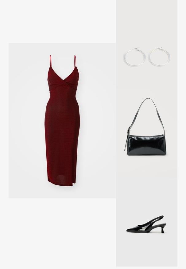 WAL G. EXCLUSIVE NYE GLITTER ARGENTINE MIDI - Cocktail φόρεμα / Φόρεμα για πάρτι - wine; Μαύρες παλαιωμένες slingback γόβες με αιχμηρή μύτη και χαμηλό τετράγωνο τακούνι. Ρυθμιζόμενη αγκράφα στον αστράγαλο.; Μαύρη ορθογώνια τσάντα ώμου με έναν ρυθμιζόμενο ιμάντα και κλείσιμο με φερμουάρ στην κορυφή σε μονόχρωμο φόντο.; Ζεύγος λαμπερών ασημένιων κρίκων με λεπτές σύρμα σφραγίδες, παρουσιασμένα σε ανοιχτό γκρι φόντο.