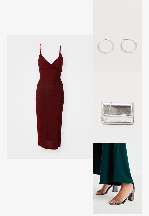 WAL G. EXCLUSIVE NYE GLITTER ARGENTINE MIDI - Cocktail φόρεμα / Φόρεμα για πάρτι - wine; Ασημένιες γυαλιστερές σανδάλια με τετράγωνη τακούνι, δύο λεπτές λωρίδες και τετράγωνη μύτη. Συνοδευόμενα από ένα σκούρο πράσινο ρούχο μήκους έως το έδαφος.; Ασημένια μεταλλική τσάντα clutch με απλή υφή, κλείσιμο με καπάκι και αλυσίδα. Διαθέτει δομημένο ορθογώνιο σχέδιο και ραφές.; Ασημένια μεταλλικά σκουλαρίκια κρίκοι με λεία, ελαφρώς κυρτή επιφάνεια και κλειδαριά τύπου latch-back σε απλό λευκό φόντο.