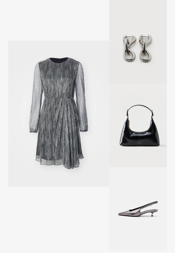 Kortærmet kjole med tætsiddende talje, plisseret design, metallisk sølvstof og gennemsigtige lange ærmer, med rund halsudskæring og baglynlåsen.; Metalgrå spids slingback-sko med lav kittenhæle og justerbar rem på hvid baggrund.; Sort blank Calvin Klein håndtaske med gyldent lynlås og kort rem mod en ensfarvet hvid baggrund.; Par af sølvtonede metale øreringe med abstrakt sammenflettet løbedesign på hvid baggrund.