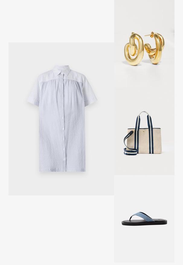 PS Paul Smith WOMENS DRESS - Paitamekko - blue; Mustat litteät sandaalit, joissa on vaaleansininen kangasremmi ja pehmustettu pohja valkoisella taustalla.; Beige kangaskassissa on tummansinivalkoraidalliset kahvat ja irrotettava olkahihna, sekä pieni kultainen napin suljin.; Charlotte Chesnais BO INITIAL BLOW - Korvakorut - gold-coloured