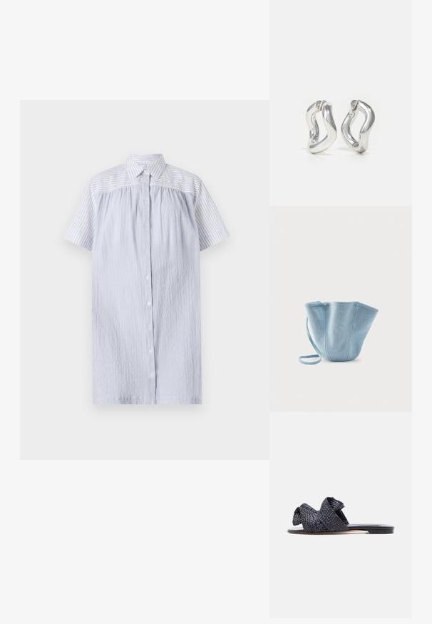PS Paul Smith WOMENS DRESS - Tričkové šaty - blue; Čierna plochá šľapka s prepleteným pásikom cez hornú časť a otvorenou špičkou na bielom pozadí.; Svetlomodrá látková taška do ruky s dlhým popruhom, širokým horným otvorom a zošitými vertikálnymi švami, umiestnená na jednoduchom bielom pozadí.; Strieborné kruhové náušnice so skrúteným dizajnom. Zaoblené okraje a lesklý povrch. Otvorené zapínanie pre jednoduché nosenie. Hladká textúra po celej ploche.