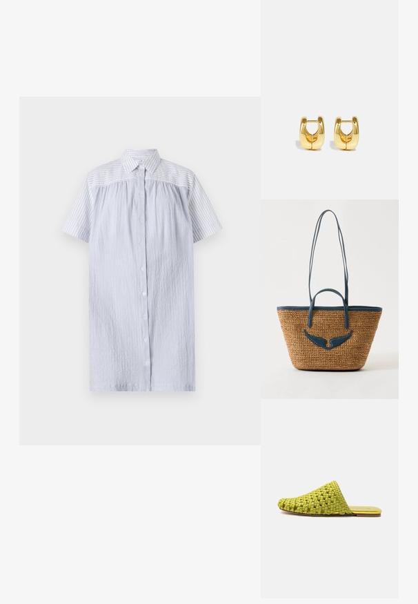 PS Paul Smith WOMENS DRESS - Blusenkleid - blue; Grüner gewebter Slip-on-Mule mit flacher Sohle und geschlossenem spitzem Zeh, entworfen für den lässigen Gebrauch.; Gewebte Strohtasche mit marineblauem Lederbesatz, zwei kurzen Griffen, langen Schulterriemen und flügelförmigem Lederdetail vorne.; Goldene Creolen mit einem schlanken, abgerundeten Design. Sie verfügen über eine hohle Mitte und eine glänzende Oberfläche, die moderne Stile ergänzen.