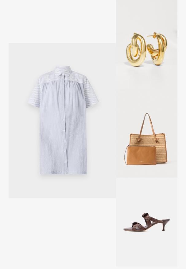PS Paul Smith WOMENS DRESS - Tričkové šaty - blue; Hnedá tkaná kožená šľapka s dvoma remienkami a nízkym podpätkom kitten na bielom pozadí.; Nákupná taška vyrobená z béžového tkaného slamy s koženými doplnkami; má dve popruhy a odnímateľnú hnedú koženú kapsu so zipsom.; Charlotte Chesnais BO INITIAL BLOW - Náušnice - gold-coloured