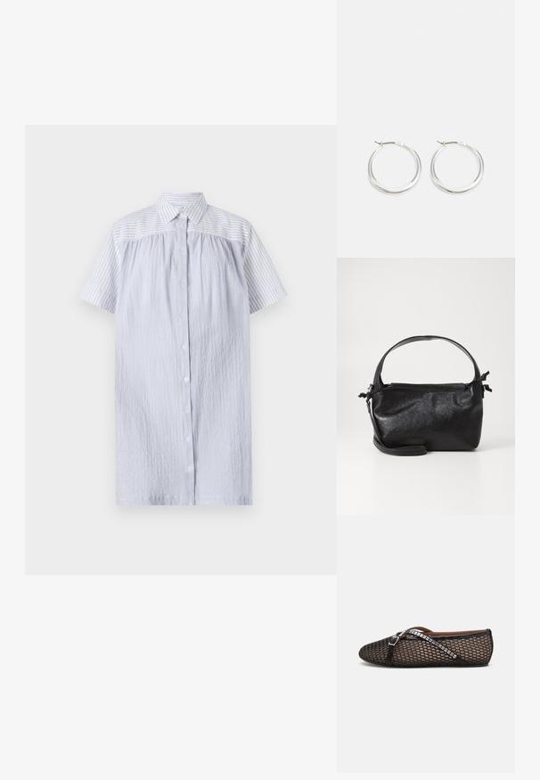 PS Paul Smith WOMENS DRESS - Skjortekjole - blue; Sorte mesh ballet flats har et struktureret design, tynd justerbar rem og metalliske detaljer langs kanten, med en rund tå.; Sort læderhåndtaske med et struktureret design, rund tophåndtag og aftagelig skulderrem. Den har en glat tekstur og en subtil glans.; Sølv hoops øreringe har et glat, afrundet design med en slank profil og sikker spænde. Minimalistisk stil med en poleret finish.