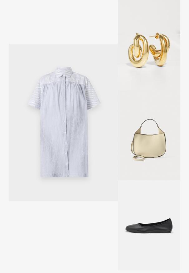 PS Paul Smith WOMENS DRESS - Tričkové šaty - blue; Čierne kožené baleríny s okrúhlou špičkou, hladkým povrchom, minimálnym prešívaním a flexibilným dizajnom podrážky.; Krémová kožená kabelka s textúrovaným povrchom, zaobleným telom, čiernym lemovaním, krátkou rukoväťou a dlhým nastaviteľným popruhom. Zapínanie nie je viditeľné.; Charlotte Chesnais BO INITIAL BLOW - Náušnice - gold-coloured
