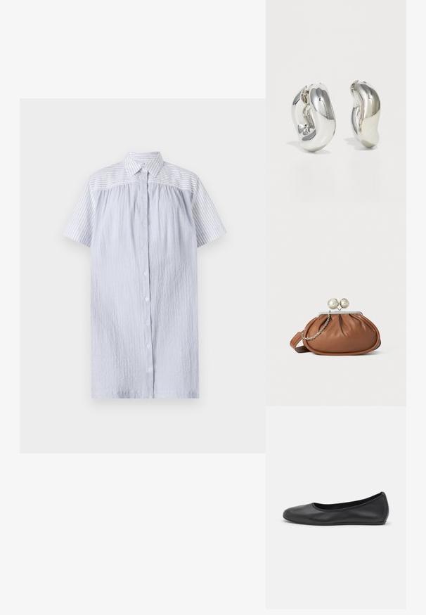 PS Paul Smith WOMENS DRESS - Tričkové šaty - blue; Čierne kožené baleríny s okrúhlou špičkou, hladkým povrchom, minimálnym prešívaním a flexibilným dizajnom podrážky.; Hnedá kožená kabelka s strieborným guľovým zapínaním a malým strieborným reťazom na bielom pozadí.; Strieborné sochárske náušnice s hladkými, zakrivenými tvarmi a reflexnými povrchmi. Obsahujú uzavretý kruhový dizajn a výraznú organickú formu.