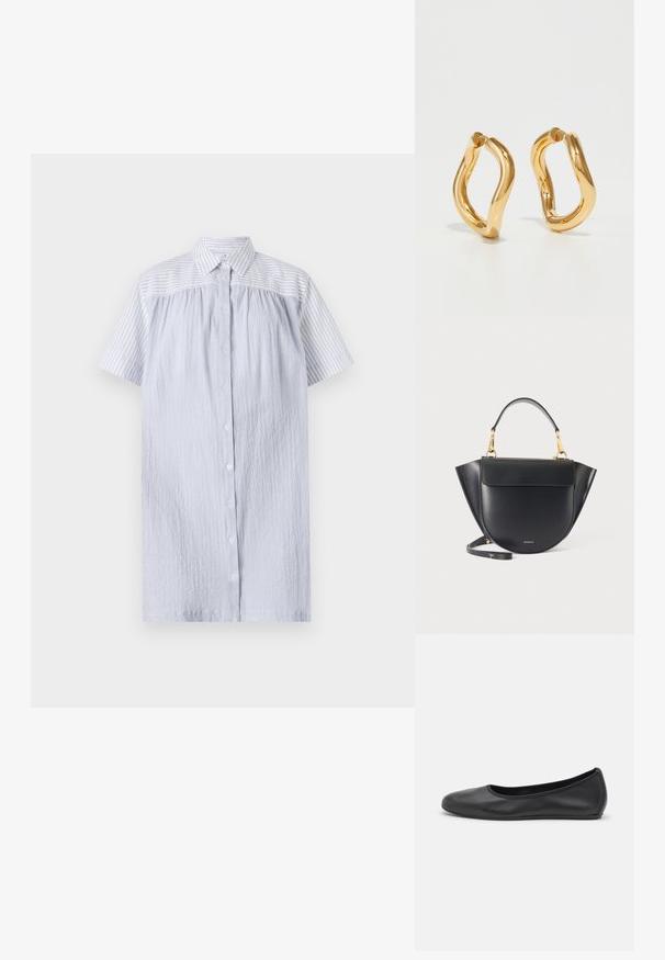 PS Paul Smith WOMENS DRESS - Φόρεμα πουκάμισο - blue; Μαύρο δερμάτινο μπαλαρίνι με στρογγυλή μύτη, λεία υφή, ελάχιστες λεπτομέρειες ραφής και σχεδίαση ευέλικτης σόλας.; Μαύρη δερμάτινη τσάντα με στρογγυλεμένη βάση, πλευρές με φτερά, χρυσά μεταλλικά στοιχεία, κοντή λαβή και αποσπώμενο μακρύ λουράκι, σε απλό ανοιχτό φόντο.; Χρυσά σκουλαρίκια κρίκοι με καμπύλο, ανώμαλο σχήμα και λεία, γυαλιστερή υφή. Χωρίς ορατό εξοπλισμό ή λεπτομέρειες.