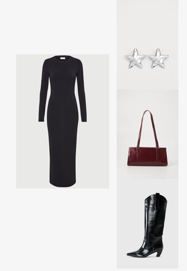 Vestido negro ajustado de manga larga, hecho de tejido elástico, con un escote redondo y una silueta recta, que llega hasta la mitad de la pantorrilla.; Botas de cuero negras hasta la rodilla con punta afilada, tacón bajo y detalle de costura decorativa en los laterales. Acabado suave y brillante.; Bolso burdeos hecho de material brillante, de forma rectangular, con dos asas para el hombro y sutiles acentos curvados en la parte frontal.; Pendientes en forma de estrella plateada con una superficie pulida y brillante. Cada pendiente presenta cinco puntas y sutiles detalles de textura en la superficie.