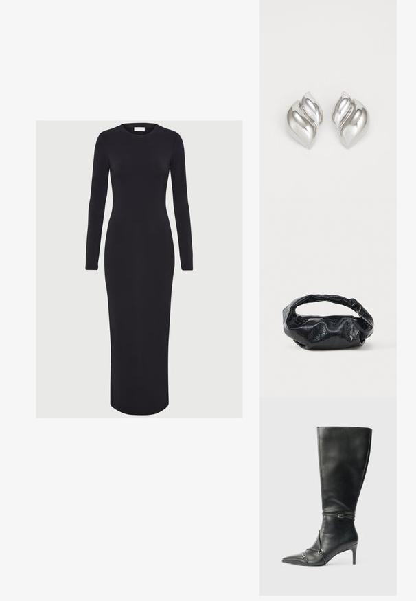 Vestido negro ajustado de manga larga, hecho de tejido elástico, con un escote redondo y una silueta recta, que llega hasta la mitad de la pantorrilla.; Botas negras de cuero hasta la rodilla con tacón delgado, punta afilada y detalles de diseño con correas en el tobillo. Textura suave y diseño ajustado.; Bolso negro hecho de un material brillante y texturizado con un asa circular retorcida y un cierre de cremallera. Presenta un diseño suave y arrugado.; Pendientes de plata con una forma orgánica y abstracta. Superficie lisa y brillante con un diseño cónico. Presentan suaves curvas y un detalle de línea central.