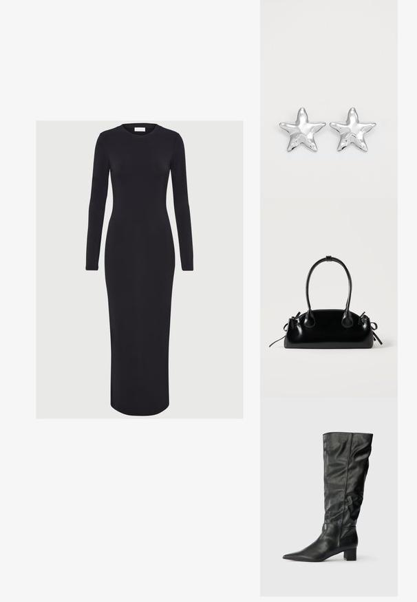 Schwarzes, langärmliges, figurbetontes Kleid aus dehnbarem Stoff mit runder Ausschnitt und gerader Silhouette, das bis zur Mitte der Waden reicht.; Schwarze kniehohe Stiefel aus Leder mit spitzem Zehenbereich, weitem Schaft und Blockabsatz. Glatte Textur mit minimaler sichtbarer Naht.; Kleine schwarze glänzende Handtasche mit zwei langen Griffen und seitlichen Kordelzug-Details vor einfachem hellem Hintergrund.; Silberne sternförmige Ohrringe mit einer polierten, glänzenden Oberfläche. Jeder Ohrring hat fünf Spitzen und dezente Oberflächentexturdetails.