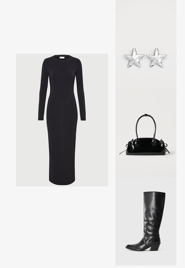 Vestido negro ajustado de manga larga, hecho de tejido elástico, con un escote redondo y una silueta recta, que llega hasta la mitad de la pantorrilla.; Bota de cuero negra hasta la rodilla con punta afilada, tacón angular y textura suave. Presenta un sutil acento de costura a lo largo del costado.; Pequeño bolso negro brillante con dos asas largas y detalles de cordón lateral sobre un fondo claro liso.; Pendientes en forma de estrella plateada con una superficie pulida y brillante. Cada pendiente presenta cinco puntas y sutiles detalles de textura en la superficie.
