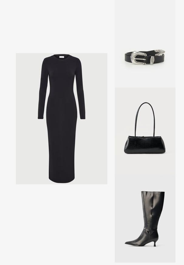 Schwarzes, langärmliges, figurbetontes Kleid aus dehnbarem Stoff mit runder Ausschnitt und gerader Silhouette, das bis zur Mitte der Waden reicht.; Schwarzer kniehoher Lederstiefel mit spitzer Zehenpartie und niedrigem Kittenabsatz, präsentiert vor einem schlichten hellen Hintergrund.; Schwarze rechteckige Schultertasche mit langen dünnen Trägern und einer glatten, glänzenden Textur auf einfarbigem Hintergrund.; Schwarzer Ledergürtel mit einer großen silbernen Metallschnalle, die über feine Verzierungen und dekorative Akzente an beiden Enden verfügt.