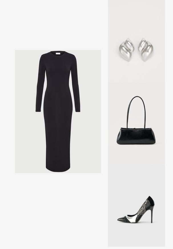 Vestido negro ajustado de manga larga, hecho de tejido elástico, con un escote redondo y una silueta recta, que llega hasta la mitad de la pantorrilla.; Zapato de tacón alto en negro y plata con punta afilada, que presenta un panel lateral de malla con un patrón de piel de serpiente y un elegante tacón de aguja.; Bolso de hombro rectangular negro con correas largas y delgadas y una textura lisa y brillante sobre un fondo liso.; Pendientes de plata con una forma orgánica y abstracta. Superficie lisa y brillante con un diseño cónico. Presentan suaves curvas y un detalle de línea central.