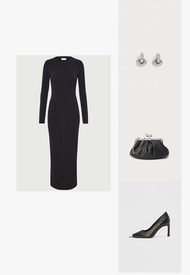 Vestido negro ajustado de manga larga, hecho de tejido elástico, con un escote redondo y una silueta recta, que llega hasta la mitad de la pantorrilla.; Zapato de tacón alto de cuero negro con punta en forma de pico y una tapa metálica plateada. Presenta un acabado suave y un tacón delgado de 10 cm.; Clutch de cuero negro con textura arrugada, marco de metal en tono plateado, cierre de beso y cadena para colgar. Superficie suave y lisa.; Par de pequeños pendientes de aro plateados brillantes con base redonda, exhibidos sobre un fondo claro y liso.
