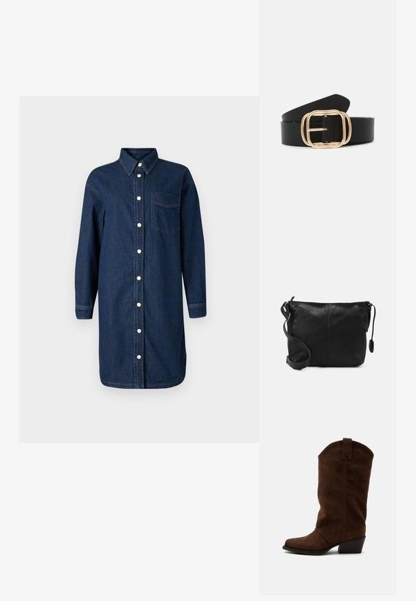 Jeanshemdkleid in Dunkelblau mit Knopfleiste, Kragen, langen Ärmeln und einer Brusttasche. Verfügt über weiße Knöpfe und Kontrastnähte.; Brauner Wildleder-Cowboystiefel bis zur Mitte der Wade mit niedrigem Absatz und Zuglasche auf einfachem hellem Hintergrund.; Schwarze Leder-Umhängetasche mit flacher Form, goldenen Hardware-Details und einem verstellbaren Tragegurt. Glatte Textur mit minimalen Nähten.; Schwarzer Leder-Gürtel mit einer rechteckigen, goldfarbigen Schnalle mit abgerundeten Kanten, glatter Textur und einem eleganten Design.