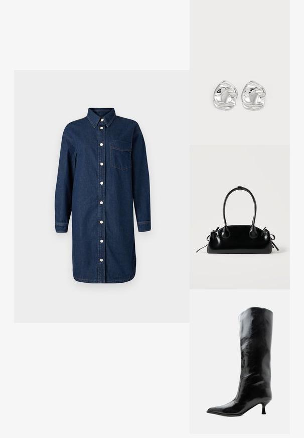 Denim skjortekjole i mørkeblå med knaplukning foran, krave, lange ærmer og en brystlomme. Har hvide knapper og kontraststing.; Sort skinnende knæhøj læderstøvle med spids tå og lav buet hæl på en ensfarvet lys baggrund.; Lille sort blank håndtaske med to lange håndtag og snøre-detaljer i siden på en ensfarvet lys baggrund.; Sølv abstrakte stud øreringe med en poleret finish, der har glatte kurver og subtile konturer. Ingen synlige mønstre eller accenter.