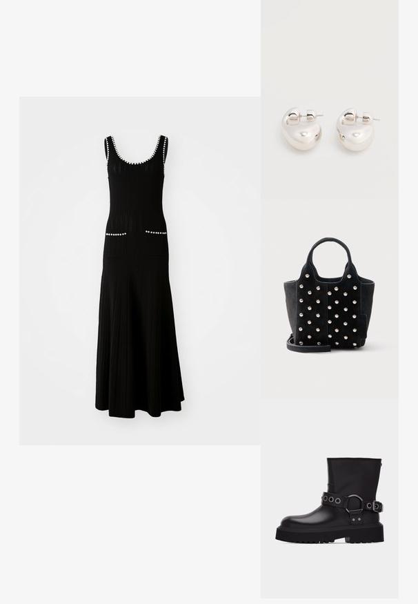 Robe en tricot noire avec un corsage ajusté et une jupe évasée. Comprend des accents en perles blanches le long de l'encolure et des poches. Tissu texturé.; Botte en cuir noire mi-mollet avec semelle épaisse à crampons, bride décorative avec œillets en métal argenté et boucle latérale.; Sac à main en daim noir avec des clous ronds argentés, deux poignées courtes et une bandoulière amovible sur fond blanc.; Paire de boucles d'oreilles argentées brillantes et épaisses avec fermoirs à tige, sur fond blanc uni.