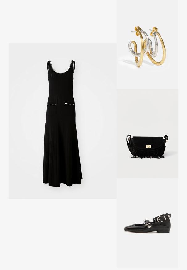 Robe en tricot noire avec un corsage ajusté et une jupe évasée. Comprend des accents en perles blanches le long de l'encolure et des poches. Tissu texturé.; Ballerine en cuir verni noir avec un bout carré, sangle de cheville avec des détails en métal argenté et semelle plate. Texture lisse avec un design minimaliste.; Sac bandoulière en daim noir avec fermoir doré, sangle réglable et détail à franges le long du bord inférieur sur un fond uni.; Boucles d'oreilles en créoles entrelacées en or et en argent avec des finitions lisses et brillantes ; elles disposent d'un fermoir à tige pour un port sécurisé.