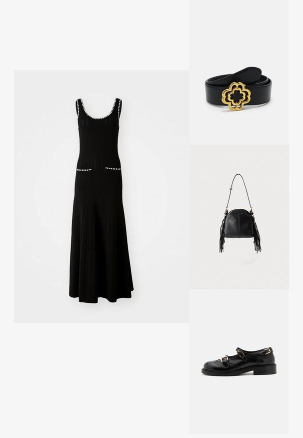 Robe en tricot noire avec un corsage ajusté et une jupe évasée. Comprend des accents en perles blanches le long de l'encolure et des poches. Tissu texturé.; Chaussures en cuir noir avec détails de brogue, dotées de deux sangles à boucle, d'un bout arrondi et d'un talon bas. Texture lisse avec finition brillante.; Sac à main en cuir noir avec une forme courbée, une longue bandoulière réglable et des franges de chaque côté sur un fond clair.; Ceinture en cuir noir ornée d'une boucle dorée en forme de fleur avec des découpes. Texture lisse avec une finition brillante sur la boucle.