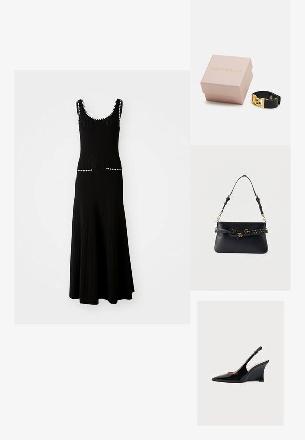Zwart gebreid jurk met een aansluitende top en een uitlopende rok. Bevat witte kraalaccenten langs de halslijn en zakken. Textuurstof.; Zwarte lakleren sleehak met slingback, puntige neus en smalle verstelbare enkelriem met gesp.; Zwarte leren handtas met verstelbare schouderriem, gouden beslag en een decoratieve riem met gouden studs en een ronde gesp aan de voorkant.; Zwarte leren armband met een gouden sluiting, geplaatst naast een zachtroze doos met de merknaam "Coccinelle" in gouden letters.