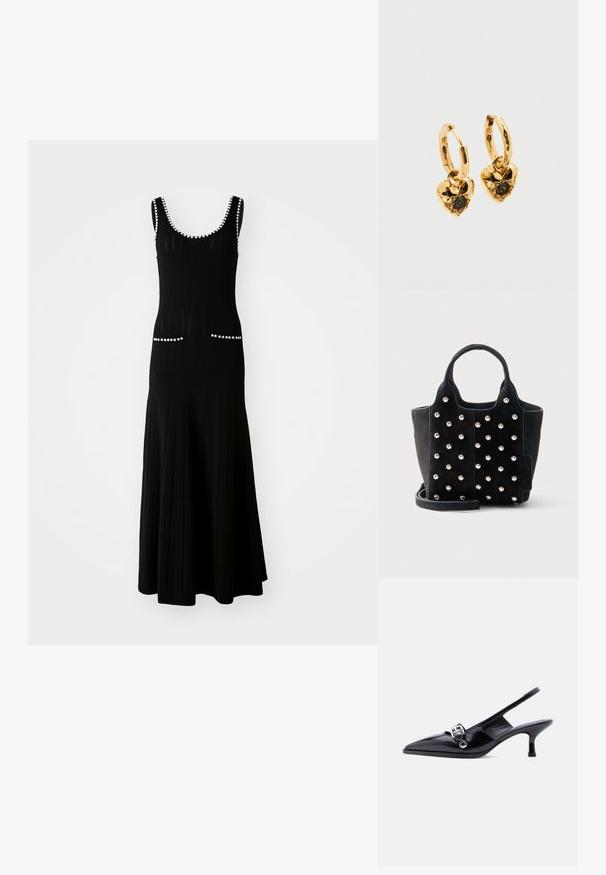 Zwart gebreid jurk met een aansluitende top en een uitlopende rok. Bevat witte kraalaccenten langs de halslijn en zakken. Textuurstof.; Zwarte slingback kitten heel schoen van lakleer met puntige neus en zilveren gespsluiting op een effen witte achtergrond.; Zwarte suède handtas met ronde zilveren studs, twee korte handvatten en een afneembare schouderriem op een witte achtergrond.; Gouden creolen met hartvormige hangers. Elk hart heeft een getextureerd oppervlak en een centrale zwarte edelsteen in een klauwzetting.