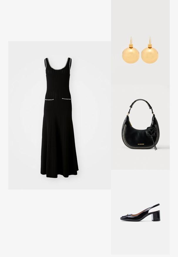 Robe en tricot noire avec un corsage ajusté et une jupe évasée. Comprend des accents en perles blanches le long de l'encolure et des poches. Tissu texturé.; Chaussure à bride arrière en cuir noir brillant avec petit talon carré et boucle décorative sur l'orteil pointu, vue de profil sur fond blanc.; Sac hobo en cuir noir avec surpiqûres blanches contrastantes, forme courbée, ferrures dorées et un charm décoratif en forme de « M » attaché.; Paire de boucles d'oreilles boule de Noël dorées brillantes avec fermoirs à crochet sur fond blanc uni.