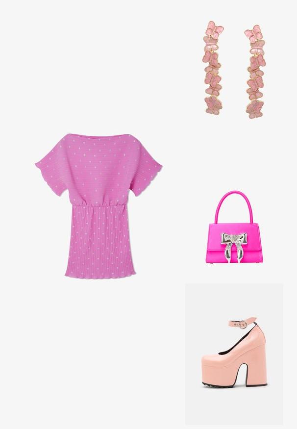 Roze geplooide jurk met korte fladdermouwen, versierd met zilveren stippen en een elastische taille voor een ontspannen pasvorm.; LAMODA POWER TRIP CHUNKY PLATFORM - Klassieke pumps - pink; Roze handtas met een gladde textuur, voorzien van een zilveren hartvormige strikaccent en een gestructureerde rechthoekige vorm. Inklapbare handgreep.; Roze vlinderstijl oorbellen van emaille met een glanzende afwerking, voorzien van gouden accenten en een gestructureerd oppervlak.