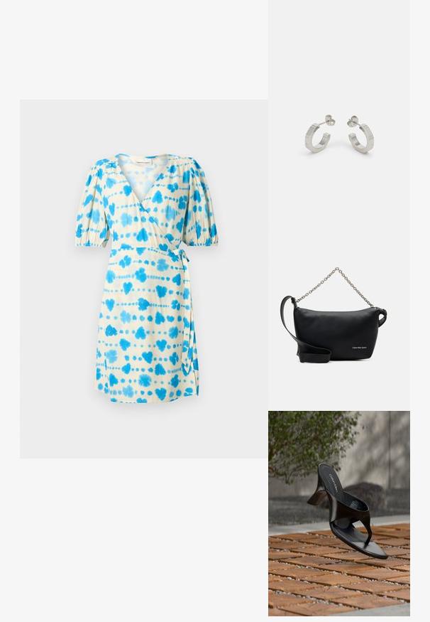 Vestido cruzado de manga corta en tejido crema con patrones de batik azul, con una cintura ajustada y falda acampanada, y un detalle de lazo en el costado.; Sandalia negra de tacón tipo tanga de Calvin Klein flotando sobre una superficie exterior de azulejos, con vegetación y una pared de hormigón al fondo.; Calvin Klein Jeans SCULPTED ROUND CHAIN - Bandolera - black; Pendientes aros de metal plateado con un diseño texturizado, que cuentan con un pequeño respaldo de clip y una marca en uno de los aros. Forma redondeada con un acabado pulido.