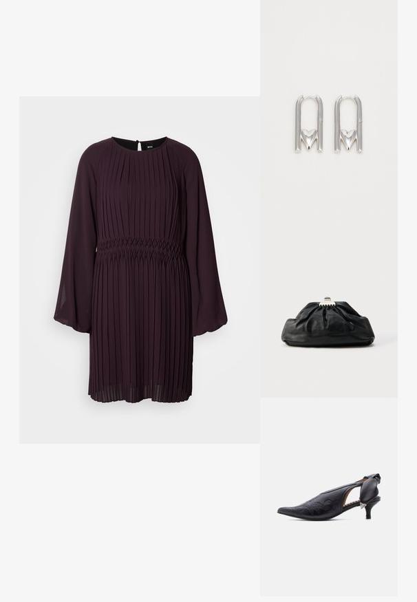 Vestido de color ciruela con mangas largas con plisados, un cuerpo entallado y una cintura con fruncido. Presenta un escote redondo y una apertura en forma de llave en la parte posterior.; Zapato de tacón slingback de cuero negro con punta puntiaguda, detalles bordados y un tacón bajo tipo kitten, con un lazo acolchado y un adorno triangular plateado.; Bolso de mano de cuero negro con textura recogida, cierre de broche metálico y logo en relieve sutil en el frente. Forma redondeada.; Pendientes de metal plateado con forma de U y un acento en forma de corazón en la base, textura suave y acabado pulido.