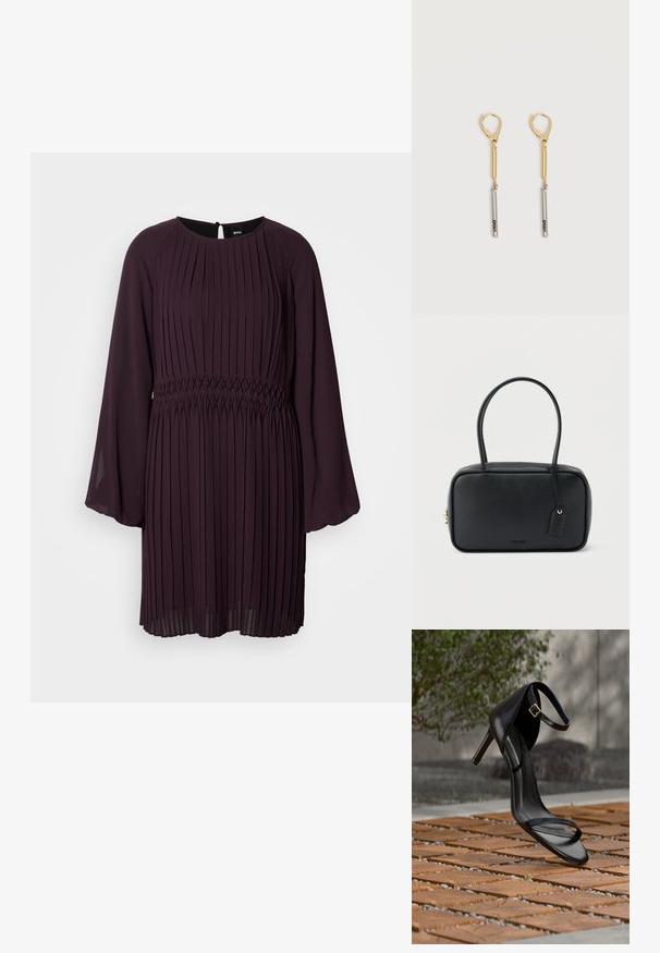 Robe de couleur prune avec de longues manches plissées, un corsage ajusté et une taille smockée. Elle dispose d'un col rond et d'une ouverture en forme de clé au dos.; Sandale noire à talon haut avec sangle à la cheville, suspendue au-dessus d'un sol en carreaux de bois à l'extérieur, avec un arrière-plan flou de verdure et de pierre.; Sac à main rectangulaire noir avec doubles poignées arrondies, fermeture éclair dorée et logo "HUGO" embossé sur le devant avec une étiquette en cuir attachée.; Boucles d'oreilles pendantes en or et argent avec fermoirs à levier, présentant une barre en or reliée à une barre en argent gravée "DKNY" sur un fond blanc.