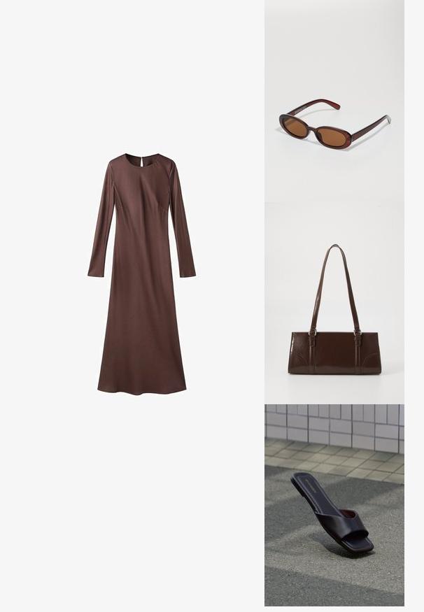 Robe longue marron foncé à manches longues, longueur jusqu'aux chevilles, avec un col rond et des détails discrets de coutures sur un fond blanc.; Sandale slide marron foncé à bout carré et large bride, posée sur un goudron gris près d'un trottoir carrelé.; Lunettes de soleil rondes teinte brun avec une monture bordeaux brillante. Branches fines avec un détail de marque subtil. Design de verres plats.; Sac à main en cuir verni marron de forme rectangulaire, avec deux longues poignées et des accents courbés subtils à l'avant.