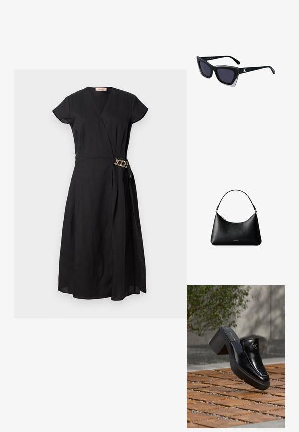 Zwarte wikkeljurk met korte mouwen, voorzien van een gouden gesp detail op de taille, gemaakt van lichtgewicht stof met een gladde textuur.; Zwarte leren Calvin Klein slip-on mule met blokhak rustend op houten tegels buiten, vlak bij een groene plant en een grijze muur.; Zwarte oversized zonnebril met een geometrische vorm, voorzien van donkere glazen en een contrasterend grijs detail op het montuur. Logo op de arm.; Zwarte Calvin Klein leren handtas met een korte handgreep en gouden rits, afgebeeld tegen een witte achtergrond.