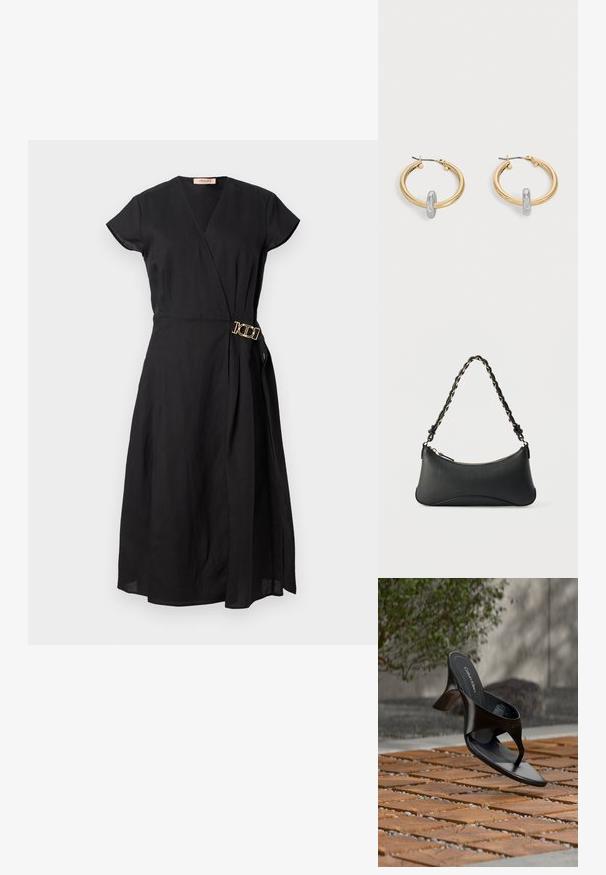 Schwarzes Wickelkleid mit kurzen Ärmeln, das mit einer goldenen Schnalle an der Taille versehen ist, aus leichtem Stoff mit einer glatten Textur.; Schwarze Calvin Klein Riemchensandale mit Absatz, schwebend über einer gefliesten Außenfläche mit Grünpflanzen und einer Betonwand im Hintergrund.; Schwarze Lederschultertasche mit gewölbter rechteckiger Form, goldener Kette, die in den geflochtenen schwarzen Riemen eingewebt ist, und Reißverschlussverschluss oben.; Paar goldfarbene Creolen mit kleinem silberfarbenem Schlaufen-Detail an jeder, vor hellem grauem Hintergrund präsentiert.