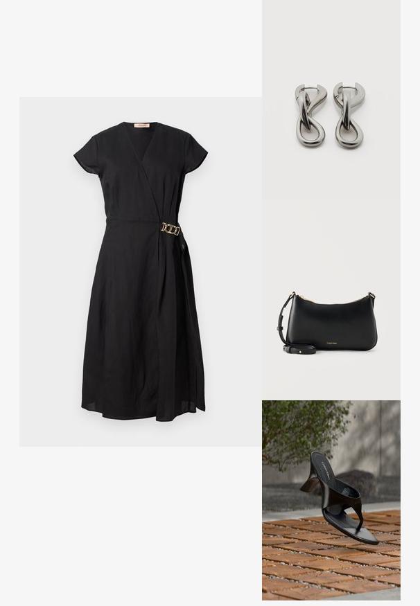 Vestido negro envolvente con mangas cortas, que presenta un detalle de hebilla dorada en la cintura, confeccionado en una tela ligera con una textura suave.; Sandalia negra de tacón tipo tanga de Calvin Klein flotando sobre una superficie exterior de azulejos, con vegetación y una pared de hormigón al fondo.; Bolso de hombro de cuero negro Calvin Klein con cremallera dorada y correa ajustable sobre fondo claro y liso.; Par de pendientes de metal con acabado plateado y diseño abstracto de bucles entrelazados sobre un fondo blanco.