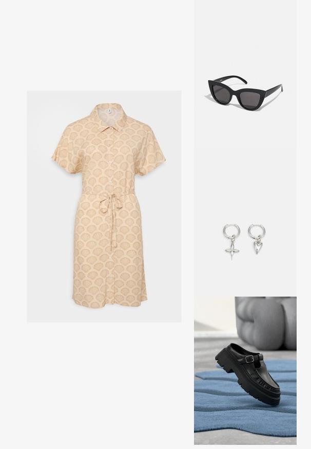 Beige korte mouwen shirtjurk met een schelpenpatroon, knoopsluiting aan de voorkant en een strikdetail in de taille. Lichtgewicht stof en losse pasvorm.; Zwarte leren loafer met dikke grof profielzool en zilveren gesp, schuin geplaatst op een gestructureerd blauw vloerkleed.; Zwarte cat-eye zonnebril met een matte afwerking, voorzien van grijs getinte glazen, scherpe hoeken en slanke zijarmen. Merkennaam zichtbaar op de binnenarm.; Zilveren ringoorbellen met een kruis- en hartbedel. Glad, glanzend oppervlak met een gepolijste afwerking. Elke bedel hangt aan een veilige lus.