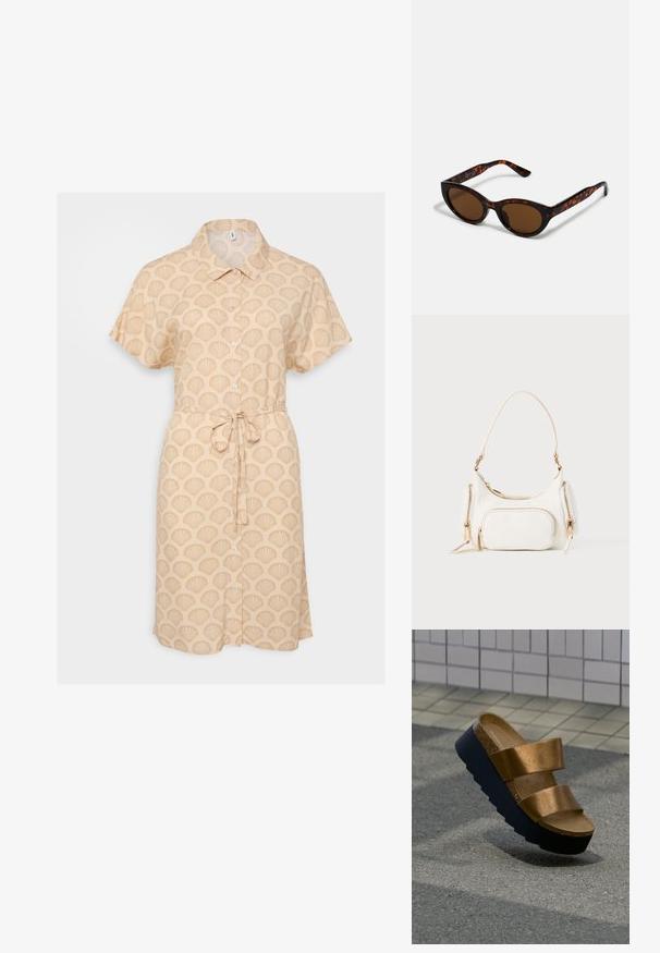 Beige korte mouwen shirtjurk met een schelpenpatroon, knoopsluiting aan de voorkant en een strikdetail in de taille. Lichtgewicht stof en losse pasvorm.; Bruine leren instap-sandaal met dubbele band en dikke zwarte plateauzool, op een gestructureerde bestrating bij een betegelde muur.; Bruine schildpad zonnebril met een vintage cat-eye vorm en bruine lenzen. Heeft gebogen armen met rode accenten.; Witte handtas met een korte schouderband, gestructureerde oppervlakte, meerdere ritszakken en accenten in goudkleurige hardware. Compact en modern ontwerp.
