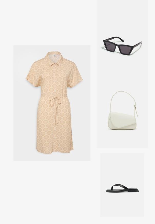 Beige lyhythihainen mekko, jossa on simpukkakuosi, napitettu etuosa ja sidottava vyötäröyksityiskohta. Kevyt kangas ja rento istuvuus.; Musta litteä varvastossu, jossa on teksturoitu hihna ja hieman korotettu korko, esitetty sivuprofiilissa yksivärisellä vaalealla taustalla.; Mustat, kulmikkaat aurinkolasit harmailla linsseillä; valmistettu muovista, paksuilla varsilla, joissa on sileä pinta ja ilman näkyvää metalliosaa.; Valkoinen keinonahkainen käsilaukku, jossa on jämäkkä kolmion muoto, yksi säädettävä olkahihna ja kaareva läppäkiinnitys.