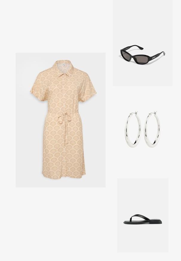 Beige korte mouwen shirtjurk met een schelpenpatroon, knoopsluiting aan de voorkant en een strikdetail in de taille. Lichtgewicht stof en losse pasvorm.; Zwarte platte teenslipper met gestructureerde band en licht verhoogde hak, weergegeven in zijprofiel tegen een effen lichte achtergrond.; Zwarte zonnebril met een rechthoekig frame, donkere lenzen, gladde plastic materiaal en een metalen accent op de poot.; Zilveren oorbellen in de vorm van een gladde, glanzende ring. Circulaire vorm, voorzien van een veilige sluiting. Eenvoudig en elegant ontwerp.