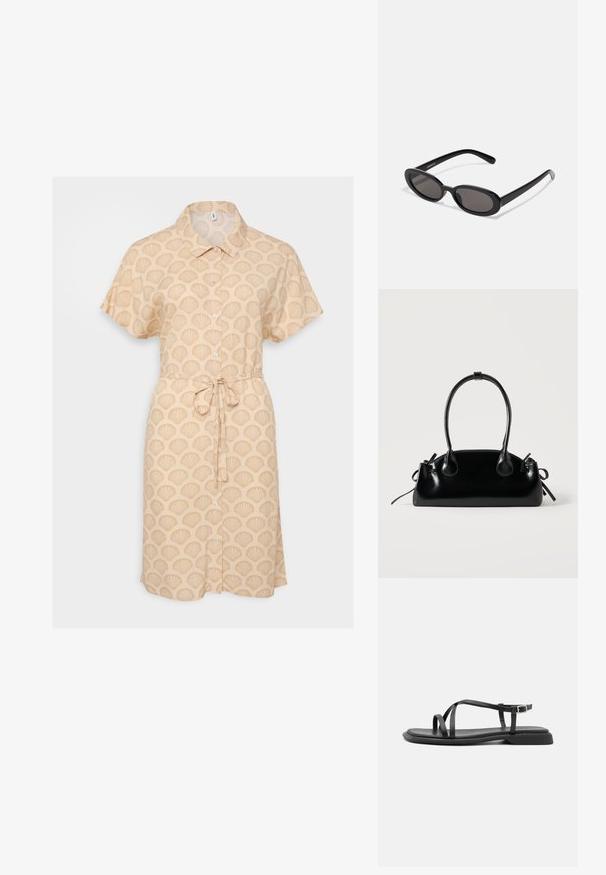 Beige korte mouwen shirtjurk met een schelpenpatroon, knoopsluiting aan de voorkant en een strikdetail in de taille. Lichtgewicht stof en losse pasvorm.; Zwarte platte sandalen met dunne verstelbare bandjes, rechthoekige teenpost en een gestructureerde matte afwerking. Voorzien van een lage, licht vierkante hak.; Even&Odd by Zalando Zonnebril - black; Kleine zwarte glanzende handtas met twee lange hengsels en zijkant trekkoord details op een effen lichte achtergrond.