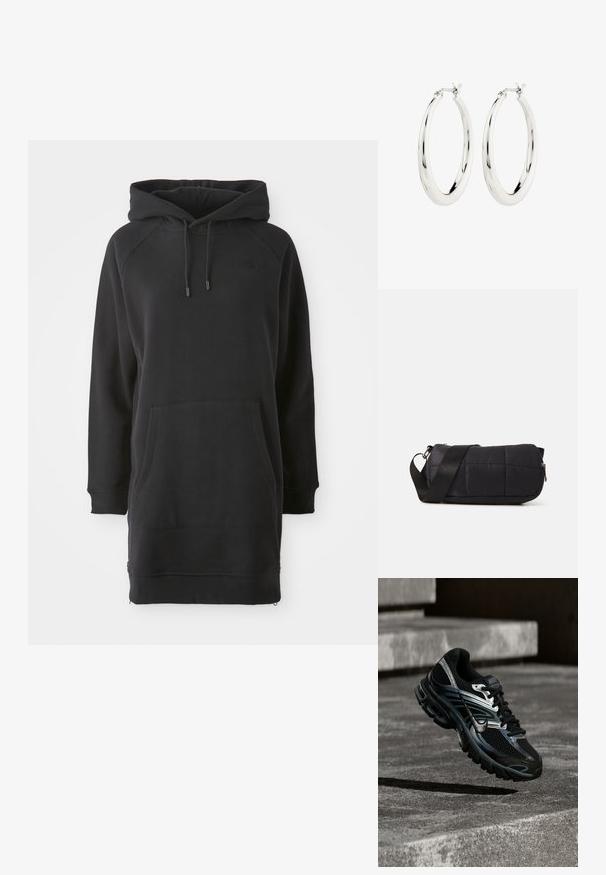 Schwarzes Kapuzenkleid mit Kängurutasche, gerippten Bündchen und verstellbaren Kordeln. Hergestellt aus weichem Stoff mit lockerer Passform.; Schwarzer und silberner Nike Laufschuh, der über Betontreppen schwebt und im Außenbereich detailliertes Design und strukturierte Sohle zeigt.; Schwarze, gepolsterte Tasche in zylindrischer Form, aus weichem Material gefertigt. Mit einem schwarzen Tragegurt und silberner Hardware ausgestattet. Mit Reißverschlussverschluss.; Silberne Creolen mit einer glatten, glänzenden Oberfläche. Kreisform, ausgestattet mit einem sicheren Verschluss. Einfaches und elegantes Design.