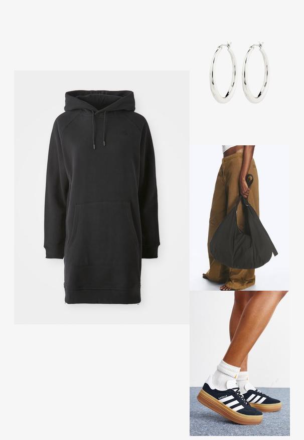 Sort hættekjole med kængurulomme, ribbede manchetter og justerbare snore. Fremstillet af blødt stof med en afslappet pasform.; Ben iført hvide sokker og sorte Adidas Gazelle sneakers med hvide striber og tykke brune såler på et gråt tæppe.; Person iført brune vidde bukser og hvid top holder en stor sort blød håndtaske i remmen ved siden.; Sølvøreringe i form af hoops med en glat, blank finish. Cirkulær form, der har en sikker lås. Simpelt og elegant design.