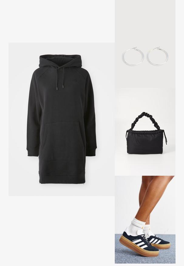 Zwarte hoodie jurk met een kangoeroezak, geribde manchetten en verstelbare veters. Gemaakt van zachte stof met een ontspannen pasvorm.; Ben met witte sokken en zwarte Adidas Gazelle sneakers met witte strepen en dikke bruine zolen op een grijs tapijt.; Zwarte tas gemaakt van zacht, gladde stof. Beschikt over een geplooide handgreep en een trekkoordsluiting, met een rechthoekige vorm en geen zichtbare hardware.; Een paar glanzende zilveren oorringen met dunne draadafsluitingen, getoond op een lichtgrijze achtergrond.