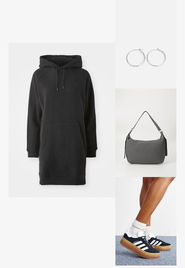 Schwarzes Kapuzenkleid mit Kängurutasche, gerippten Bündchen und verstellbaren Kordeln. Hergestellt aus weichem Stoff mit lockerer Passform.; Beine mit weißen Socken und schwarzen Adidas Gazelle Sneakers mit weißen Streifen und dicken braunen Sohlen auf einem grauen Teppichboden.; Grau gepolsterte Schultertasche mit einer geschwungenen Form, glatter Textur, verstellbarem Träger und einem dezent prägierten Logo auf der Vorderseite.; sweet deluxe EARRING - Ohrringe - silver-coloured