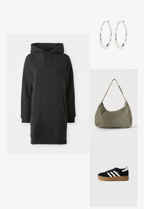 Zwarte hoodie jurk met een kangoeroezak, geribde manchetten en verstelbare veters. Gemaakt van zachte stof met een ontspannen pasvorm.; Zwarte suède sneaker met witte drie strepen en gouden merktekens. Gele zool met gestructureerde grip. Klassiek laag model, afgeronde neus.; Schoudertas van zacht olijfgroen stof met ritssluiting en verstelbare band op een effen lichte achtergrond.; Zilveren oorbellen in de vorm van een gladde, glanzende ring. Circulaire vorm, voorzien van een veilige sluiting. Eenvoudig en elegant ontwerp.