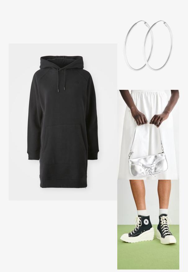 Schwarzes Kapuzenkleid mit Kängurutasche, gerippten Bündchen und verstellbaren Kordeln. Hergestellt aus weichem Stoff mit lockerer Passform.; Schwarze High-Top-Sneaker mit einer erhöhten weißen Plateausohle, weißen Schnürsenkeln und einem runden Logopatch an der Seite. Strukturierter Canvas-Stoff.; Silberne metallische Handtasche mit Schnürdetail, die ein elegantes Design und einen kurzen Tragegurt aufweist. Die Tasche wird in den Händen gehalten und zeigt ihre Textur.; Silberfarbene Creolen mit einer glatten, runden Form und einer polierten Oberfläche. Beide Ohrringe haben die gleiche Größe und verfügen über einen sicheren Verschlussmechanismus.