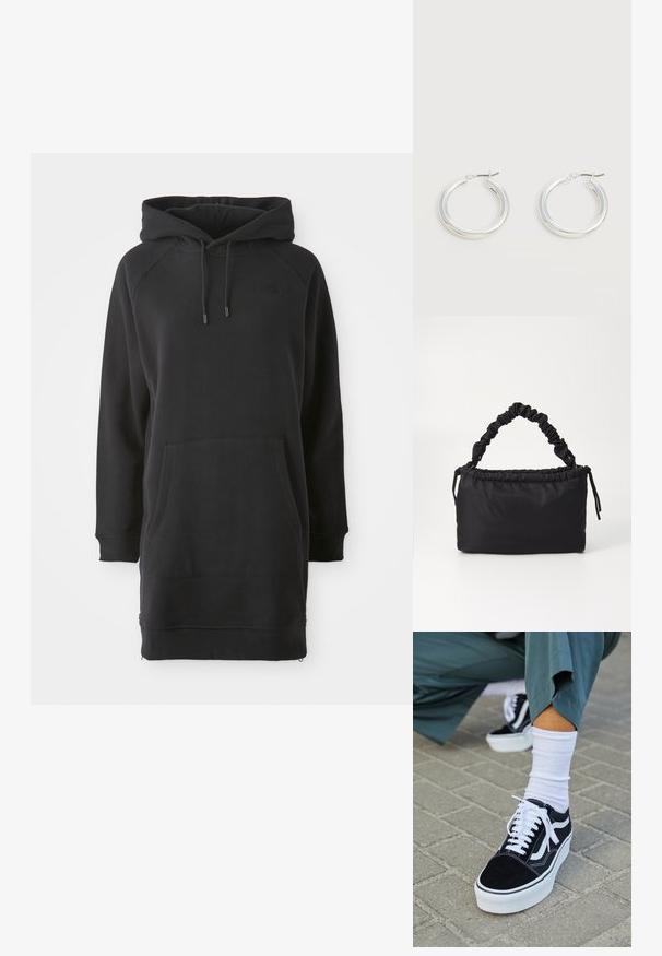 Schwarzes Kapuzenkleid mit Kängurutasche, gerippten Bündchen und verstellbaren Kordeln. Hergestellt aus weichem Stoff mit lockerer Passform.; Schwarze Wildledersneaker mit weißen Akzenten und Schnürsenkeln, ausgestattet mit einer dicken weißen Sohle und kontrastierenden Nähten, kombiniert mit einer weißen Socke.; Schwarze Tasche aus weichem, glattem Stoff. Verfügt über einen gerafften Griff und einen Kordelzugverschluss, hat eine rechteckige Form und keine sichtbaren Beschläge.; Paar mittelgroße glänzende silberne Hoop-Ohrringe mit dünnen Metallverschlüssen auf hellem neutralem Hintergrund.