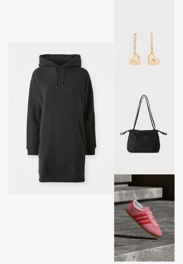 Schwarzes Kapuzenkleid mit Kängurutasche, gerippten Bündchen und verstellbaren Kordeln. Hergestellt aus weichem Stoff mit lockerer Passform.; Rosa Wildledersneaker mit roten Streifen, einer Gummisohle und pinkfarbenen Schnürsenkeln. Mit dem "Adidas Gazelle"-Logo an der Seite.; Schwarze Denim-Schultertasche mit doppelten Tau-Riemen und geknoteten Enden auf jeder Seite, vor einem schlichten weißen Hintergrund.; Goldene Ohrringe mit herzförmigen Anhängern, verziert mit einer Reihe kleiner Strasssteine am Bügel. Reflektierende, glatte Oberfläche.