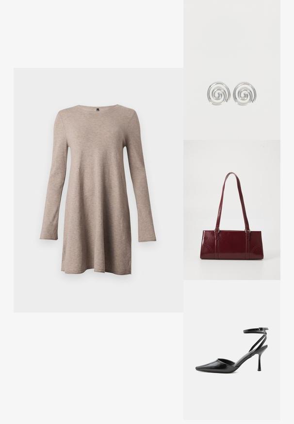 Robe à manches longues, en forme évasée, de couleur beige, en tissu doux avec un col rond. Présente une coupe décontractée et des manches fuselées.; Escarpin noir à bout pointu avec fines brides de cheville et fermeture à boucle argentée sur fond clair uni.; Sac à main bordeaux en matériau brillant, de forme rectangulaire, avec deux anses et des accents légèrement courbés à l'avant.; Paire de boucles d'oreilles en forme d'anneau spirale en argent avec un design lisse et arrondi sur fond blanc uni.